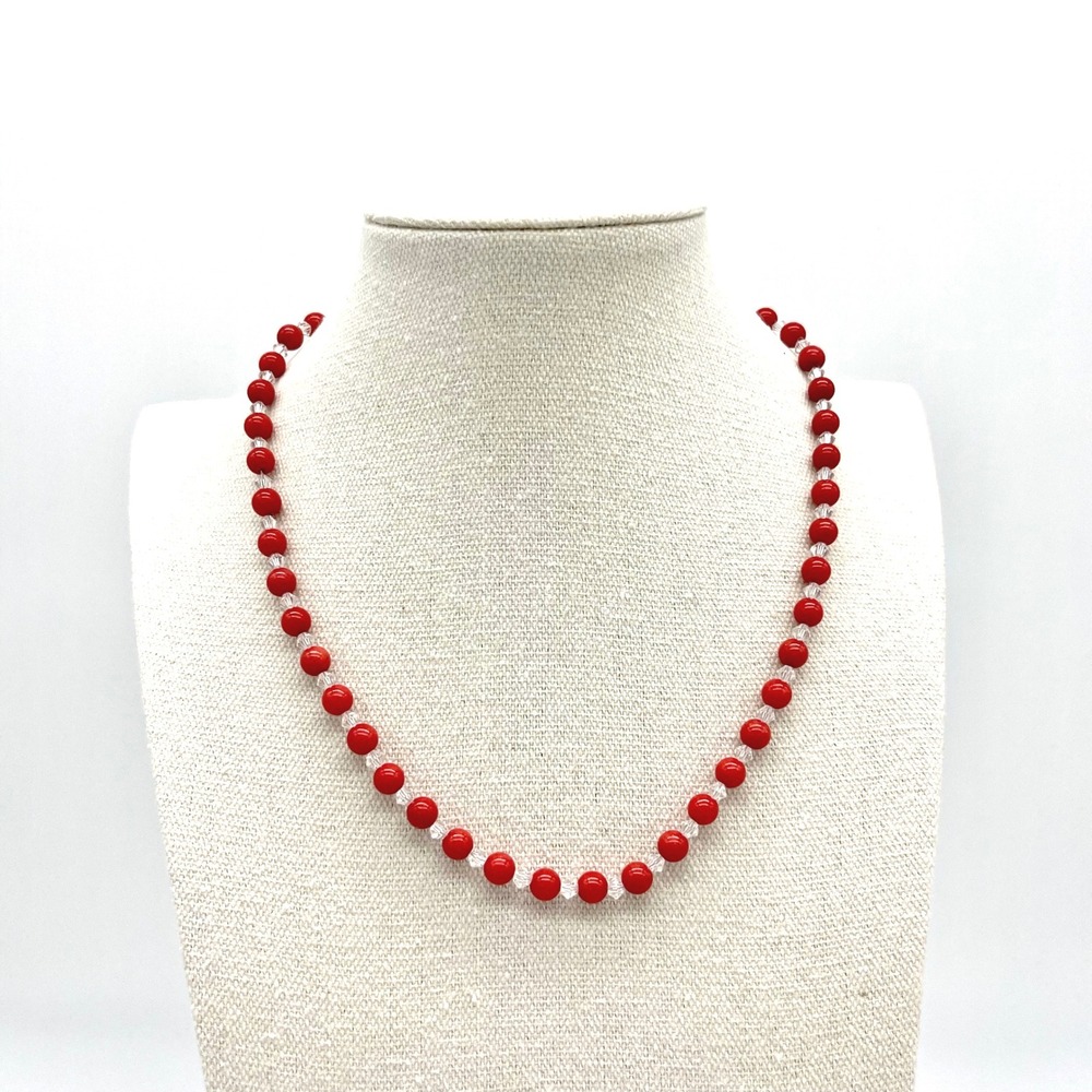 Beaded Necklace Red Coral Crystal Accent Handmade Fashion Jewelry